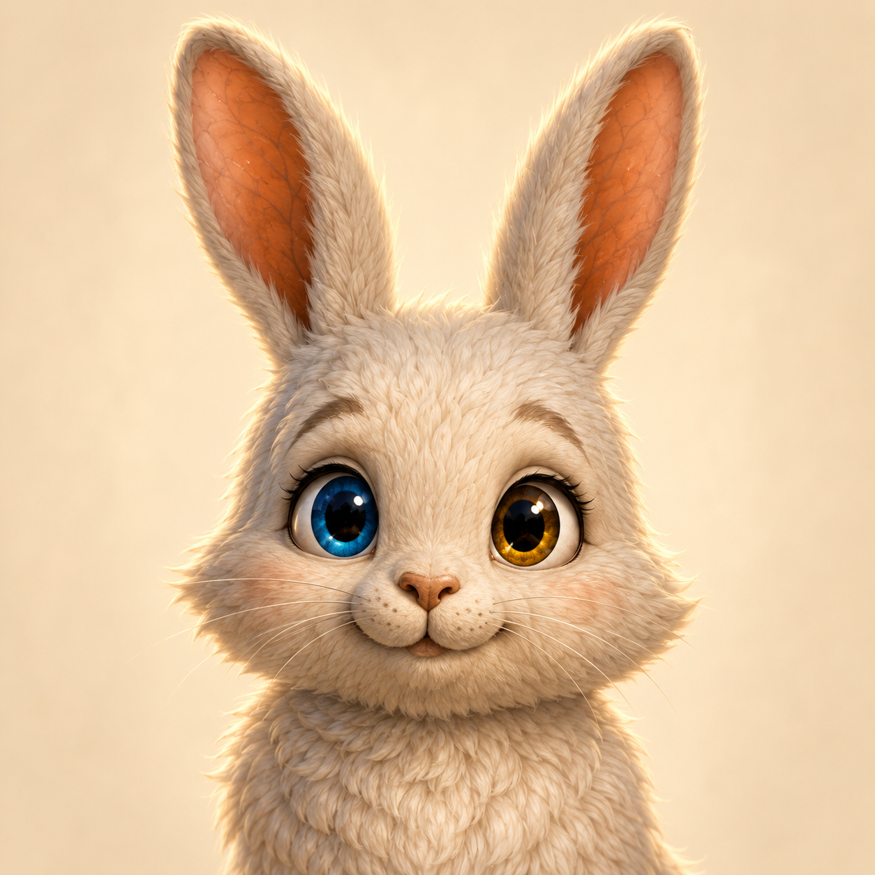 Illustrated portrait of Boona, a white bunny with mismatched blue and amber eyes