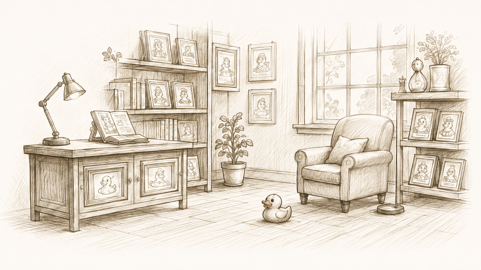 A cozy, hand-sketched reading room with shelves of framed duck-character portraits, a desk lamp, an armchair, and a small rubber duck on the floor.