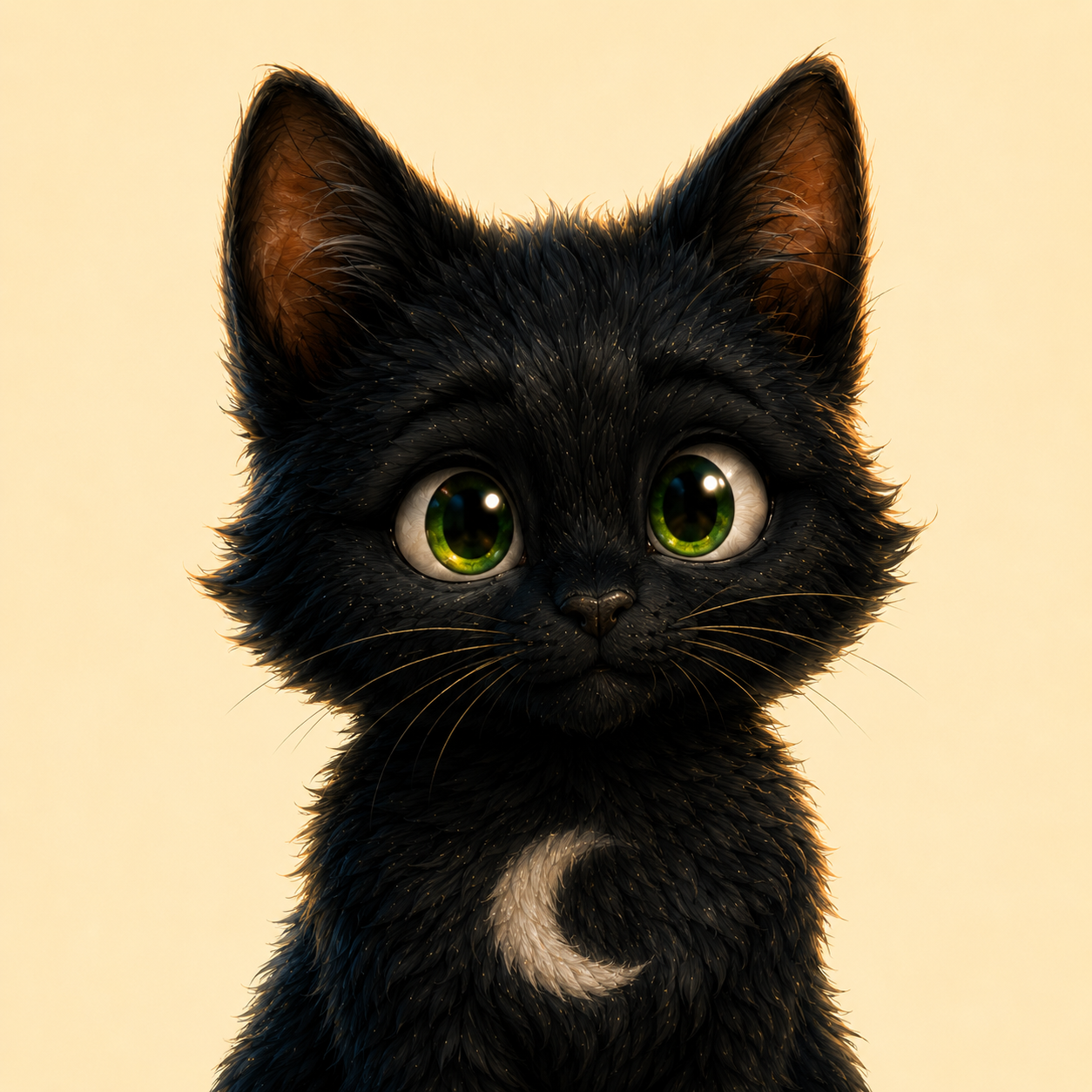 Illustrated portrait of Luna, a black kitten with bright green eyes